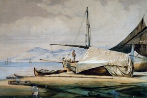 Leudi, liguryjska łódź rybacka, kolorowa litografia Ferdinanda Perrot