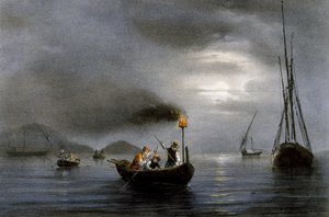 Nocne wędkowanie przy lampie wędkarskiej, litografia kolorowa Ferdinanda Perrota (1808-1841)