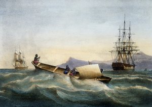 Kajak Outrigger z Antyli, kolorowa litografia autorstwa Ferdinanda Perrot
