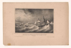 Redding van de bemanning van het schip de Reparateur Ratowanie załogi statku Le Reparateur z Bordeaux przez statek Jules de Nantes podczas sztormu 1825 r. (Ile Bourbon) (tytuł na obiekcie) Rivieren en zeeën langs autorstwa Franse Kust (seria tit