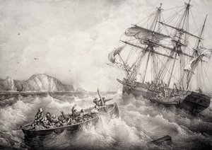 Ratowanie załogi bretońskiej łodzi rybackiej przez szwedzki statek Le Neptune, litografia autorstwa Ferdinanda Perrot