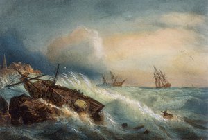 Wrak statku na wybrzeżu Saint Nazaire, kolorowa litografia Ferdinanda Perrota, Francja