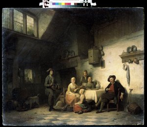 ""Le concert prive"" (Koncert domowy) Rodzina zebrana w skromnym wnętrzu w Belgii słucha muzyka grającego na lirze korbowej. Obraz Ferdinanda de Braekeleera Starszego (1792-1883) XIX-wieczne Muzeum Sztuki Michaiła Kroszyckiego, Sewastopol (Se