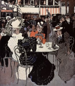 Kobieta rozmawia przy stoliku przed kawiarnią. Ilustracja Von Reznicek w: Simplicissimus, Niemcy autorstwa Ferdinand von Reznicek