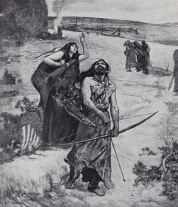 Człowiek z epoki lodowcowej uczący się polowania z łukiem i strzałą (lito) autorstwa Fernand (after) Cormon