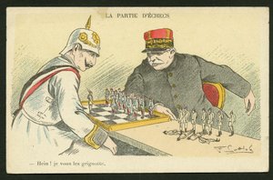 Pocztówka, satyryczna w kolorach: Hein! I Snack You - Wojna 14-18, Niemcy Prusy - Wilhelm II, Joffre, żołnierze Ilustracja Gottloba (1873-1935)