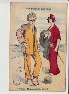 Pocztówka, satyryczna w kolorach: jej ostatni mundur - wojna 14-18 lat - Marianne, Wilhelm II Ilustracja Gottloba (1873-1935)
