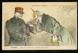 Pocztówka, Satyryka w Kolorach, ca. 1914_12: Mały prezent, który ofiaruję z najlepszymi życzeniami na rok 1915 - Wojna 14-18, kanony, pociski - Wilhelm II, Joffre Ilustracja Gottloba (1873-1935)