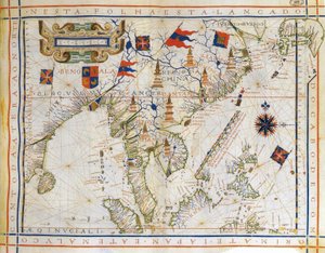 Plansza, mapa przed Mercatorem z 1571 r. autorstwa portugalskiego kartografa Fernao Vaz Dourado (ok. 1520-1580). Mapa wschodnich Indii, Zatoki Bengalskiej, południowo-wschodnich Chin, Tajlandii, Borneo i Japonii. Zwrotnik Raka został nazwany. autorstwa Fernao Vaz Dourado