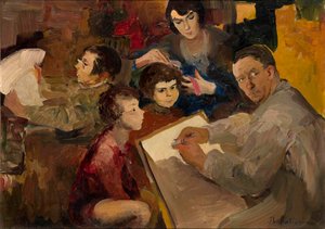 Autoportret z rodziną - Obraz Filipp Andreyevich Maliavin (Maliavine) (lub Andreyevich Malyavin) (1869-1940), olej na płótnie (46,5x64,5 cm), sztuka rosyjska, koniec XIX-początek XX wieku - Kolekcja prywatna