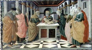 Prezentacja w świątyni, panel predella do ołtarza Narodzenia Pańskiego w Museo Civico autorstwa Filippino (and workshop) Lippi