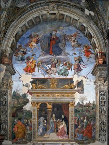 Wniebowzięcie Najświętszej Maryi Panny i poniżej św. Tomasz z Akwinu, który przedstawia kardynałowi Marii Oliviero Carafa Fresk autorstwa Filipińczyka Lippi (1457-1504) 1488-1492 Rzym, kościół Santa Maria sopra Minerva, kaplica Carafa Włochy autorstwa Filippino Lippi