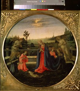Adoracja Dzieciątka Jezus. Dzieciątko Jezus Chrystus adorowane przez Maryję Dziewicę i aniołów. Obraz Filippino Lippi (1457-1504), ok. 1480. Tempera na miedzi. Sztuka florencka, okres renesansu. Ermitaż, Saint Pet autorstwa Filippino Lippi