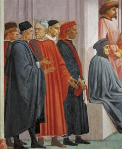 Mężczyźni w średniowiecznych strojach, fragment z Wskrzeszenia syna Teofila, Tommaso Masaccio, fresk autorstwa Filippino Lippi