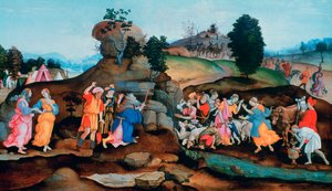 Mojżesz wydobywa wodę ze skały, ok. 1500 autorstwa Filippino Lippi