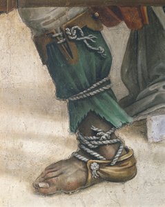 Św. Jan Ewangelista wskrzeszający Druzjanę autorstwa Filippino Lippi, fragment obuwia, fresk autorstwa Filippino Lippi