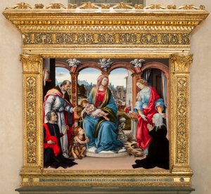 Dziewica z Dzieciątkiem i św. Janem Chrzcicielem, św. Marcinem i św. Katarzyną Aleksandryjską. Ołtarz Nerli (tempera na panelu) autorstwa Filippino Lippi