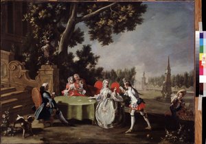 ""The Card Party"" Grupa włoskich szlachciców grających w karty w ogrodzie. Obraz Filippo Falciatore (1718-1768) XVIII-wieczne Muzeum Puszkina, Moskwa