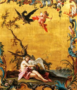 Leda i łabędź, Filippo Falciatore (czynny w latach 1737-1768), olej na desce.