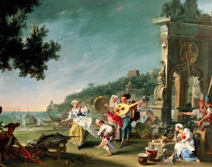 Tarantella in Margellina, ok. 1750, autorstwa Filippo Falciatore (czynny 1737-1768), olej na płótnie, 76,2 x 102 cm. Włochy