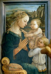 Dziewica z Dzieciątkiem i Dwa Anioły Detrempe na desce autorstwa Filippo Lippi (1406-1469) ok. 1465 r. Ciemny. 92x63 cm Florencja, Galleria degli Uffizi (Biura)