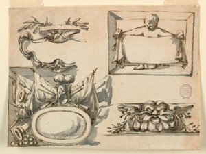 Rysunek, tarcza herbowa, trofeum, etykieta, motyw dekoracyjny fryzu, 1750-75 autorstwa Filippo Marchionni