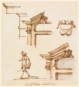 Rysunek, detale architektoniczne i studium postaci, 1760-75 autorstwa Filippo Marchionni
