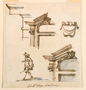 Rysunek, detale architektoniczne i studium postaci, 1760-75 autorstwa Filippo Marchionni