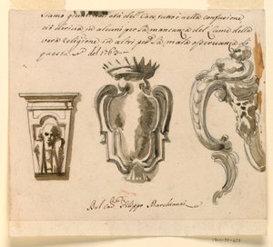 Rysunek, projekt konsoli i rozety, 1763 r. autorstwa Filippo Marchionni