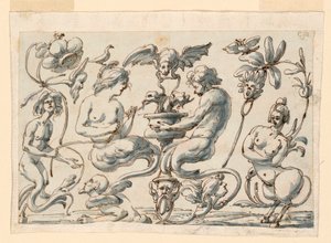 Rysunek, Groteska na podłużny panel, 1730-50 autorstwa Filippo Marchionni
