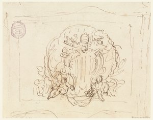 Rysunek, tablica z herbem papieża Benedykta XIV na tle muszli, 1740-58 autorstwa Filippo Marchionni