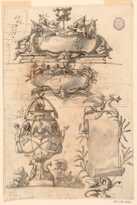 Rysunek, dwa rozety, dekoracyjny wazon i zwój, 1750-75 autorstwa Filippo Marchionni
