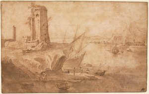 Krajobraz z wieżą w Seashore, 1600-1614.
