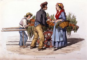 Kleingewerbe z Neapolu: chodzący sprzedawca pomarańczy. Rycina według obrazu F. Palizzy. Z dzieła Francesco de Bourcarda „” Costumi del regno di Napoli”” autorstwa Filippo Palizzi