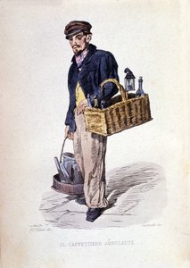 Mała firma miasta Neapol: „caffettiere”, neapolitański handlarz kawą. Rycina według obrazu F. Palizzy. Z dzieła Francesco de Bourcarda „” Costumi del regno di Napoli”” autorstwa Filippo Palizzi