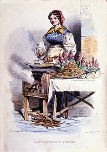 Mała firma z Neapolu: chodząca sprzedawczyni zeppolle, specjalistyczna cukiernia z Neapolu. Rycina według obrazu F. Palizzy. Z dzieła Francesco de Bourcarda „” Costumi del regno di Napoli”” autorstwa Filippo Palizzi