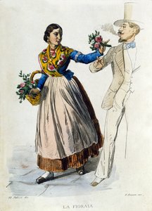 Mała firma w Neapolu: młoda kwiaciarnia opiekująca się bukietem eleganckiego mężczyzny. Rycina według obrazu F. Palizzy. Z dzieła Francesco de Bourcarda „” Costumi del regno di Napoli”” autorstwa Filippo Palizzi
