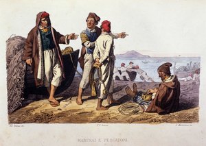 Mały metier Królestwa Neapolu: marynarze i rybacy. Grawer wg obrazu F. Palizzy. Z dzieła Francesco de Bourcard „” Costumi del regno di Napoli”” autorstwa Filippo Palizzi