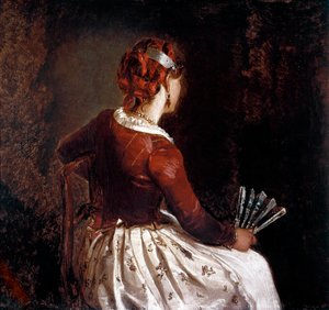 Kobieta ma wentylator. Portret siedzącej kobiety odwróconej tyłem w fartuchu, spódnicy z kwiatami i czerwonymi wstążkami we włosach oraz wachlarzem w dłoni. Obraz Filippo Palizzi (1818-99). Roma, Galleria d