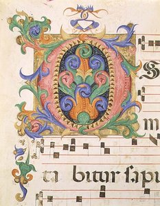Mszał 515 f.123r Inicjał „O” zdobiony liśćmi i fantastycznymi ptakami, fragment Księgi Chóralnej sporządzony przed 1449 r. (welum)