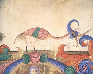 Mszał 515 f.169r Fantastyczny ptak, detal dekoracji otaczający historyczny inicjał z Księgi Chóralnej wykonany przed 1449 r. (welum) (detal 56720) autorstwa Filippo di Matteo Torelli