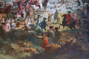 Polowanie na jelenie, Vittorio Amedeo Cignaroli (1730-1800), olej na płótnie, sala giermków, rezydencja myśliwska, Filippo Juvarra (1678-1736), Stupinigi, Piemont, Włochy