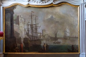 Malarstwo pejzażowe, ekran kominkowy, rezydencja myśliwska, autorstwa Filippo Juvarry (1678-1736), Stupinigi, Piemont, Włochy