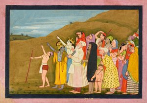 Kryszna i jego rodzina podziwiają zaćmienie słońca, być może stronę z „Kangra/Modi” <em>Bhagavata Purana</em> autorstwa First generation after Nainsukh