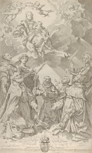 Patronki Bolonii spoglądają w górę na Dziewicę siedzącą w obłokach z..., 1640-50.