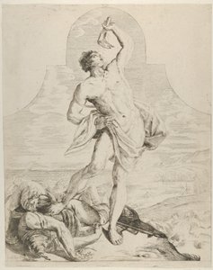 Samson trzymający żuchwę osła nad głową i stojący obok Philis..., ca. 1640-60.