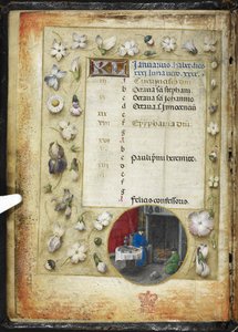 Dodaj stronę kalendarza MS 38126 f.1v na styczeń, z okrągłą miniaturą dwóch mężczyzn ogrzewających się przed ogniem, z „Księgi godzin, użytkowania Rzymu” („Godziny Hutha”) ok. 1485-90 (atrament i kolor i złoto na pergaminie) autorstwa Flemish School