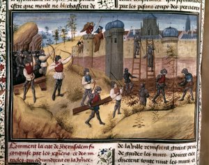 KRUCJATY: "Krzyżowcy wspinający się na mury Jerozolimy". Z "Histoire des Cr... autorstwa Flemish School