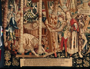 Katedra (Seo. Katedra Zbawiciela Saragossy). Muzeum Gobelinów. Flamandzki gobelin. Legenda o Świętym Krzyżu (Legenda o Świętym Krzyżu, o legendzie o Świętym Krzyżu). Szczegół. Około. 1450. 430x1120cm. autorstwa Flemish School