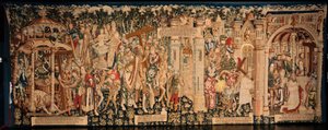 Katedra (La Seo, Catedral del Salvador de Zaragoza). Muzeum Gobelinów. Flamandzki gobelin. Legenda o Świętym Krzyżu (La leyenda de la Santa Cruz). Ok. 1450. 430x1120cm. autorstwa Flemish School